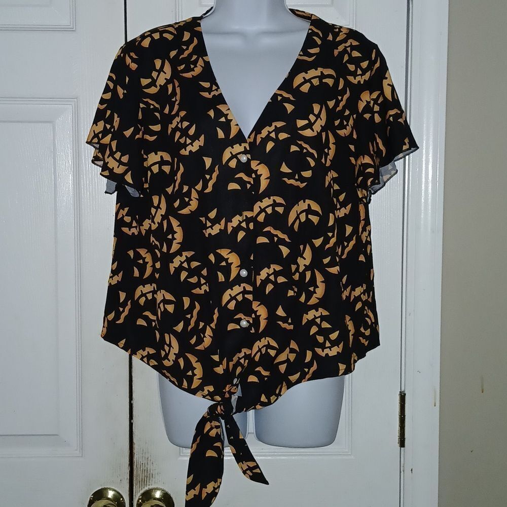 Flutter Sleeve Tie Front Halloween Pumpkin Jack O Lantern Blouse Top Sz XL NWT